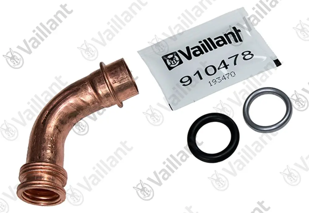 Kupferrohr mit gebogener Form, zwei Dichtungsringen in Schwarz und Silber sowie einer Verpackung mit der Marke Vaillant, die Artikelnummer enthält.